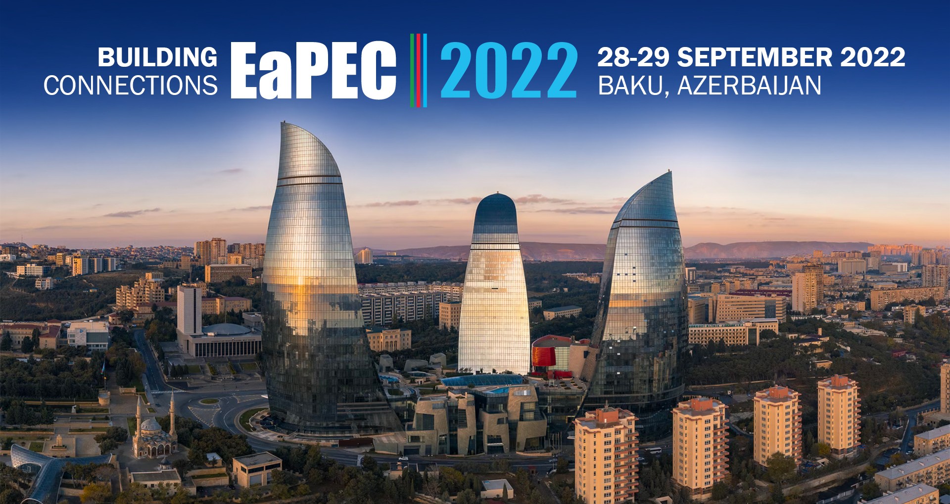 Photo with text overlay: view across Baku, Azerbaijan, with EaPEC 2022 conference logo and dates
